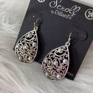 Large Silver Teardrop with Scrolling and Pearls